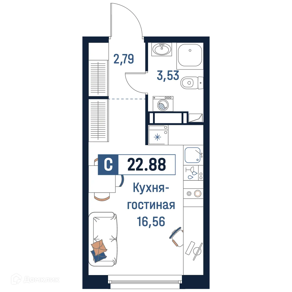 Планировка студии квартиры 22.88 м² в ЖК Максималист, г. Мурино — фото 1