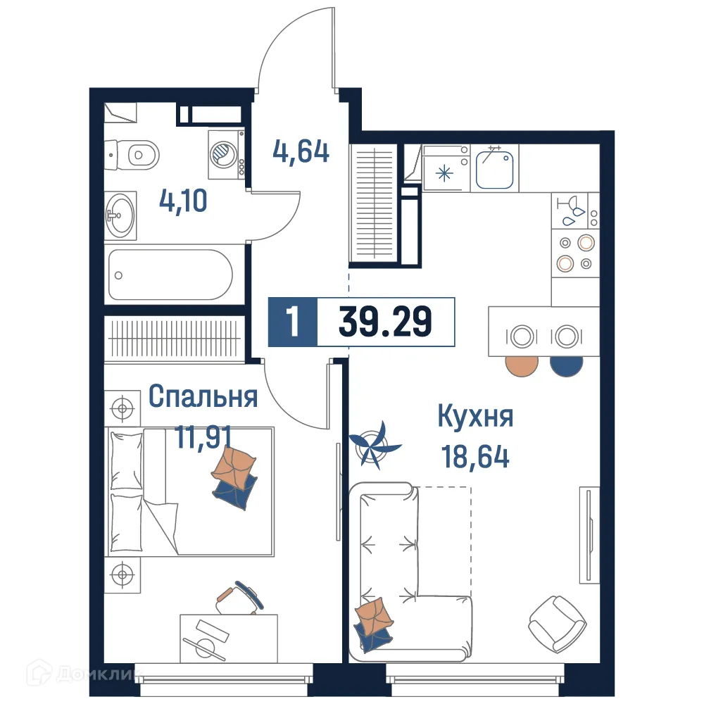 Планировка 1-комнатной квартиры 39.29 м² в ЖК Максималист, г. Мурино — фото 1
