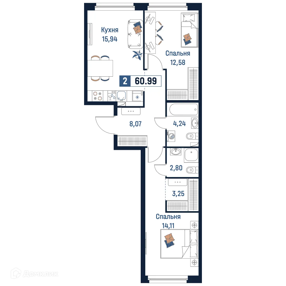 Планировка 2-комнатной квартиры 60.99 м² в ЖК Максималист, г. Мурино — фото 1