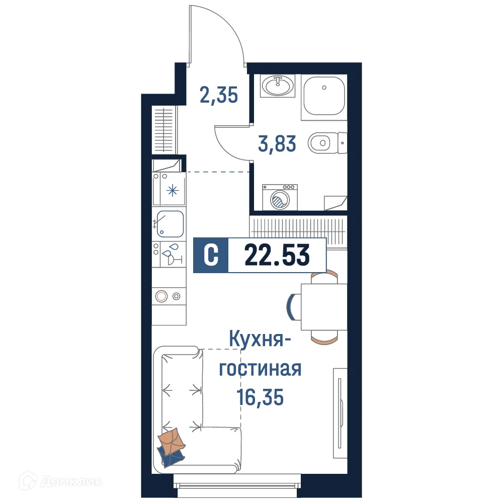 Планировка студии квартиры 22.53 м² в ЖК Максималист, г. Мурино — фото 1
