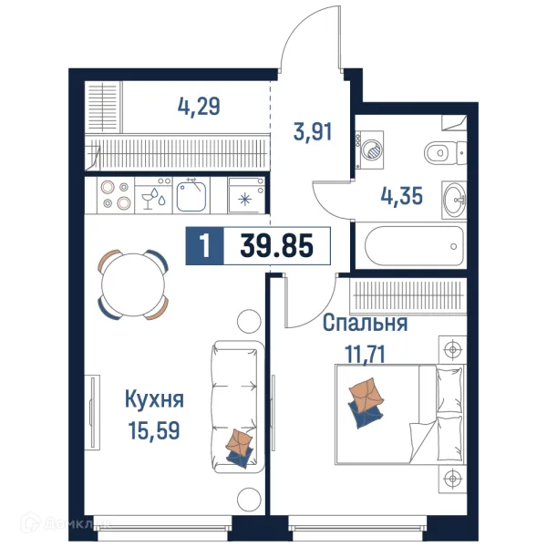 Планировка 1 комн. в ЖК Максималист