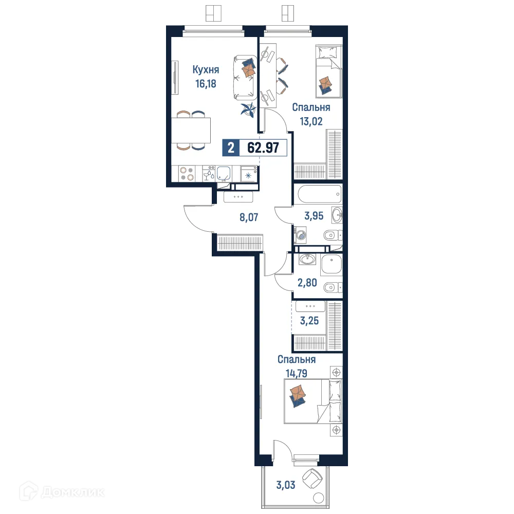 Планировка 2-комнатной квартиры 62.97 м² в ЖК Максималист, г. Мурино — фото 1