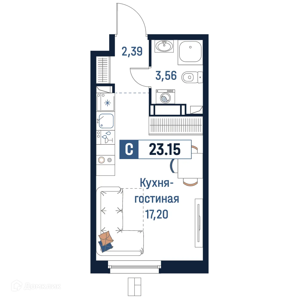 Планировка студии квартиры 23.15 м² в ЖК Максималист, г. Мурино — фото 1