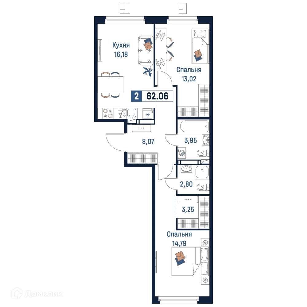 Планировка 2-комнатной квартиры 62.06 м² в ЖК Максималист, г. Мурино — фото 1