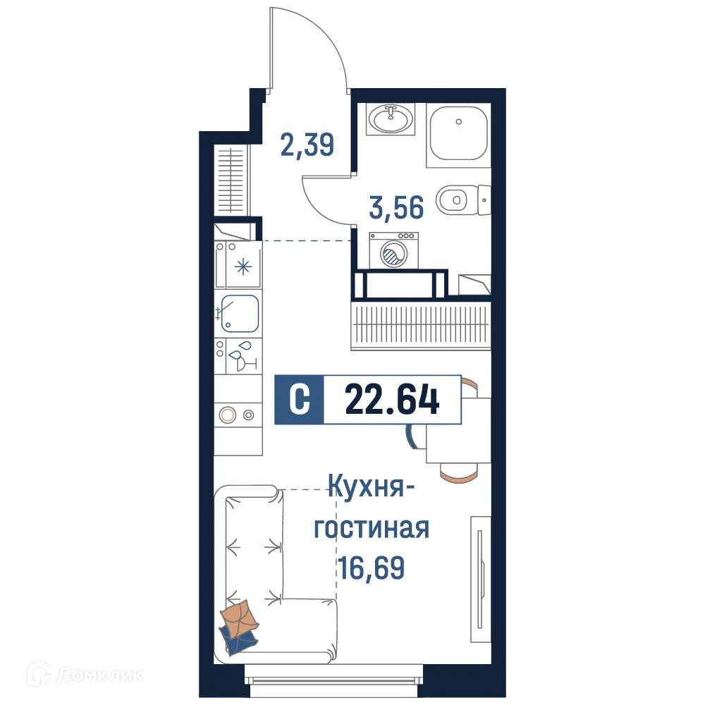Планировка студии квартиры 22.64 м² в ЖК Максималист, г. Мурино — фото 1