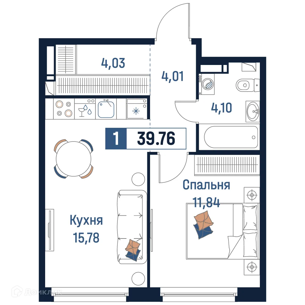 Планировка 1-комнатной квартиры 39.76 м² в ЖК Максималист, г. Мурино — фото 1