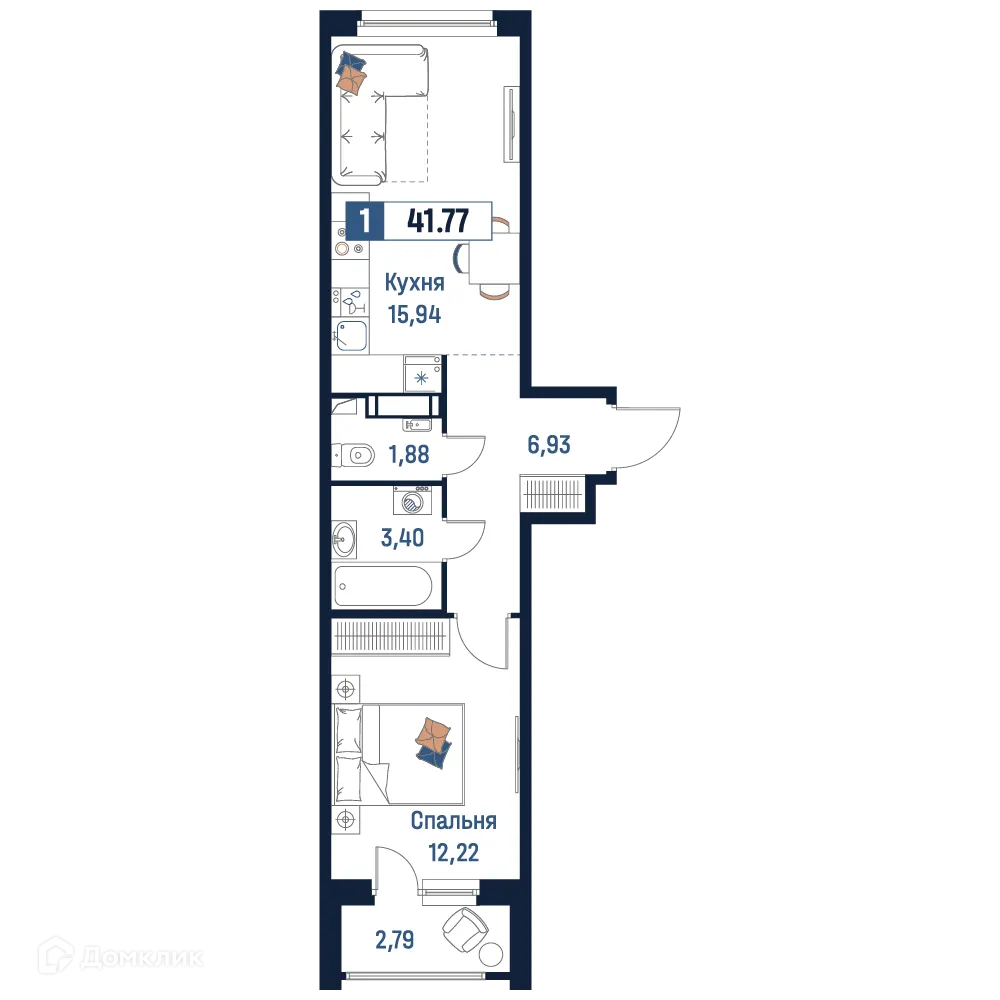Планировка 1-комнатной квартиры 41.77 м² в ЖК Максималист, г. Мурино — фото 1