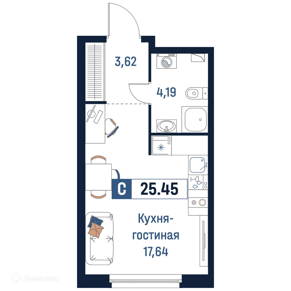Планировка студии квартиры 25.45 м² в ЖК Максималист, г. Мурино — фото 1