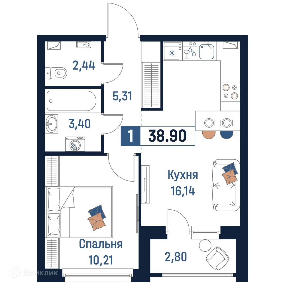 Планировка 1-комнатной квартиры 38.9 м² в ЖК Максималист, г. Мурино — фото 1