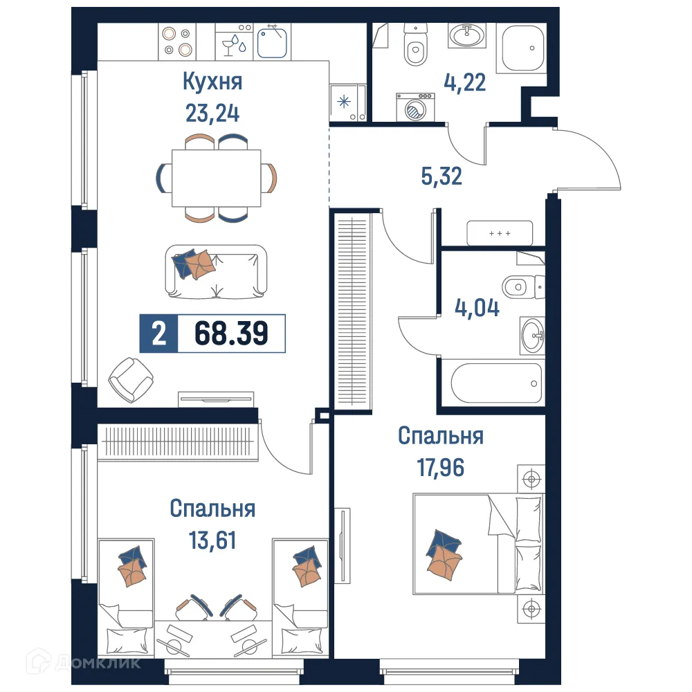 Планировка 2-комнатной квартиры 68.39 м² в ЖК Максималист, г. Мурино — фото 1