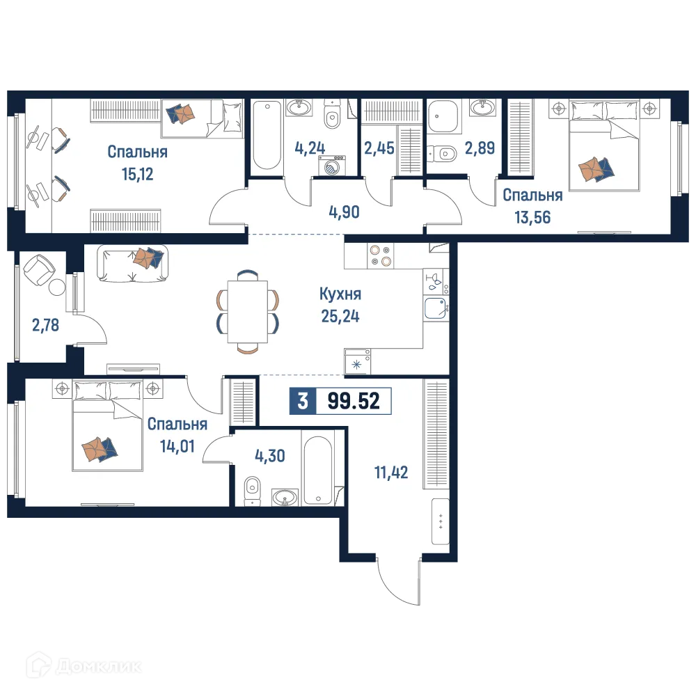 Планировка 3-комнатной квартиры 99.52 м² в ЖК Максималист, г. Мурино — фото 1