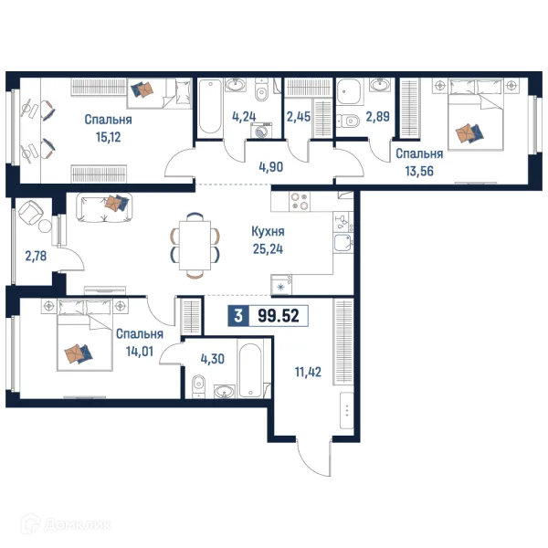 Планировка 3 комн. в ЖК Максималист