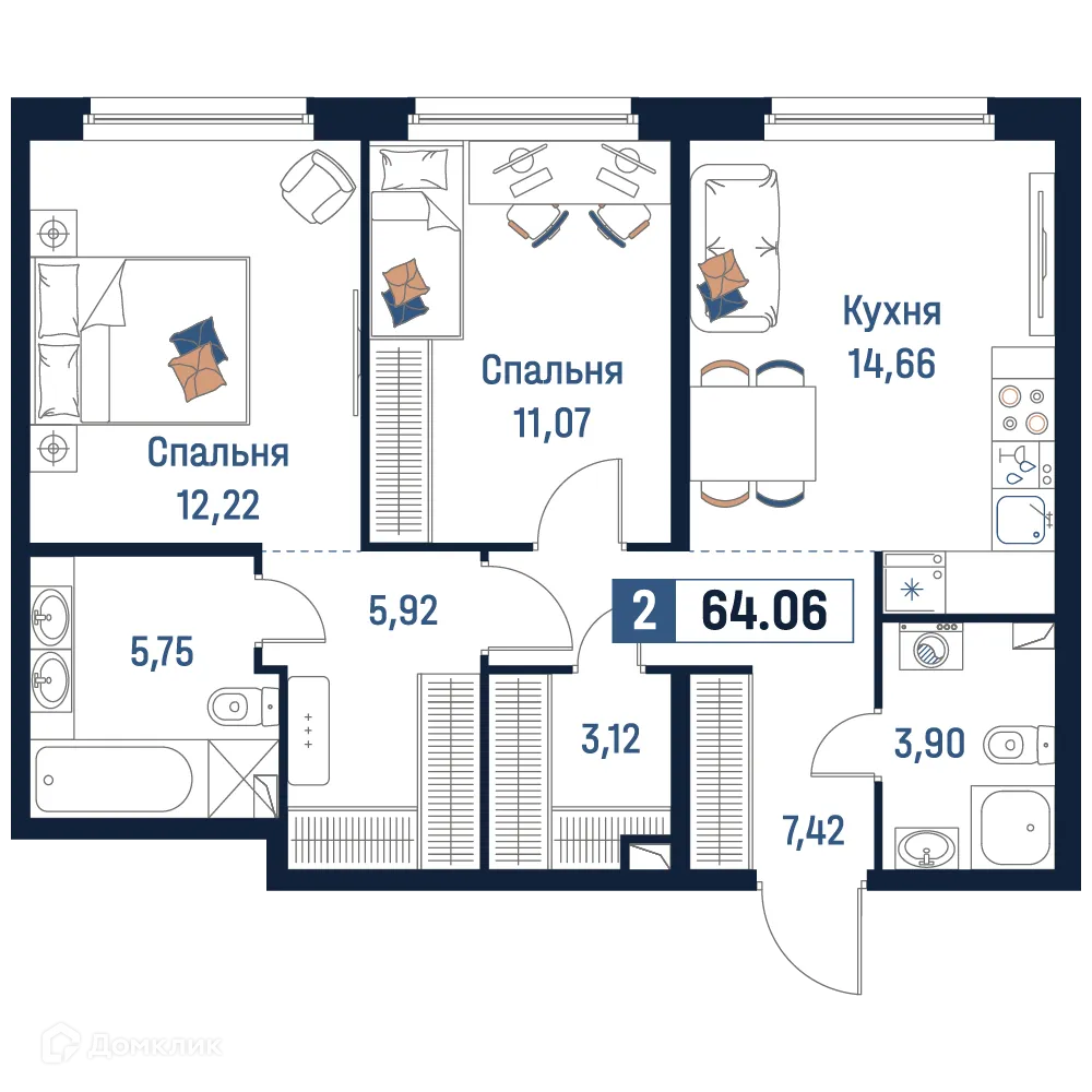 Планировка 2-комнатной квартиры 64.06 м² в ЖК Максималист, г. Мурино — фото 1