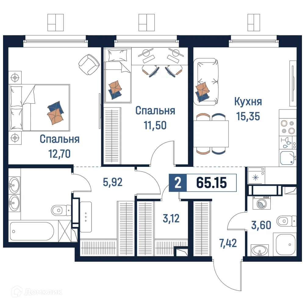 Планировка 2-комнатной квартиры 65.15 м² в ЖК Максималист, г. Мурино — фото 1