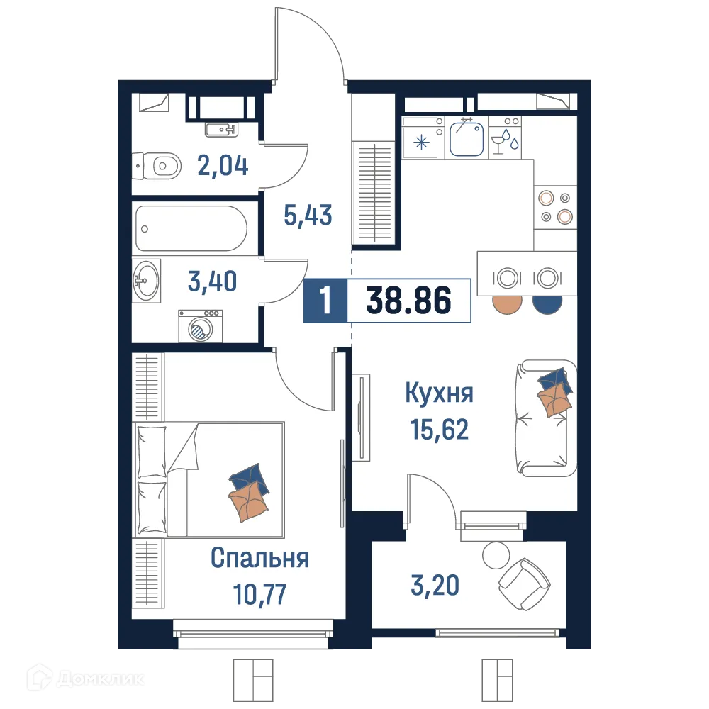 Планировка 1-комнатной квартиры 38.86 м² в ЖК Максималист, г. Мурино — фото 1