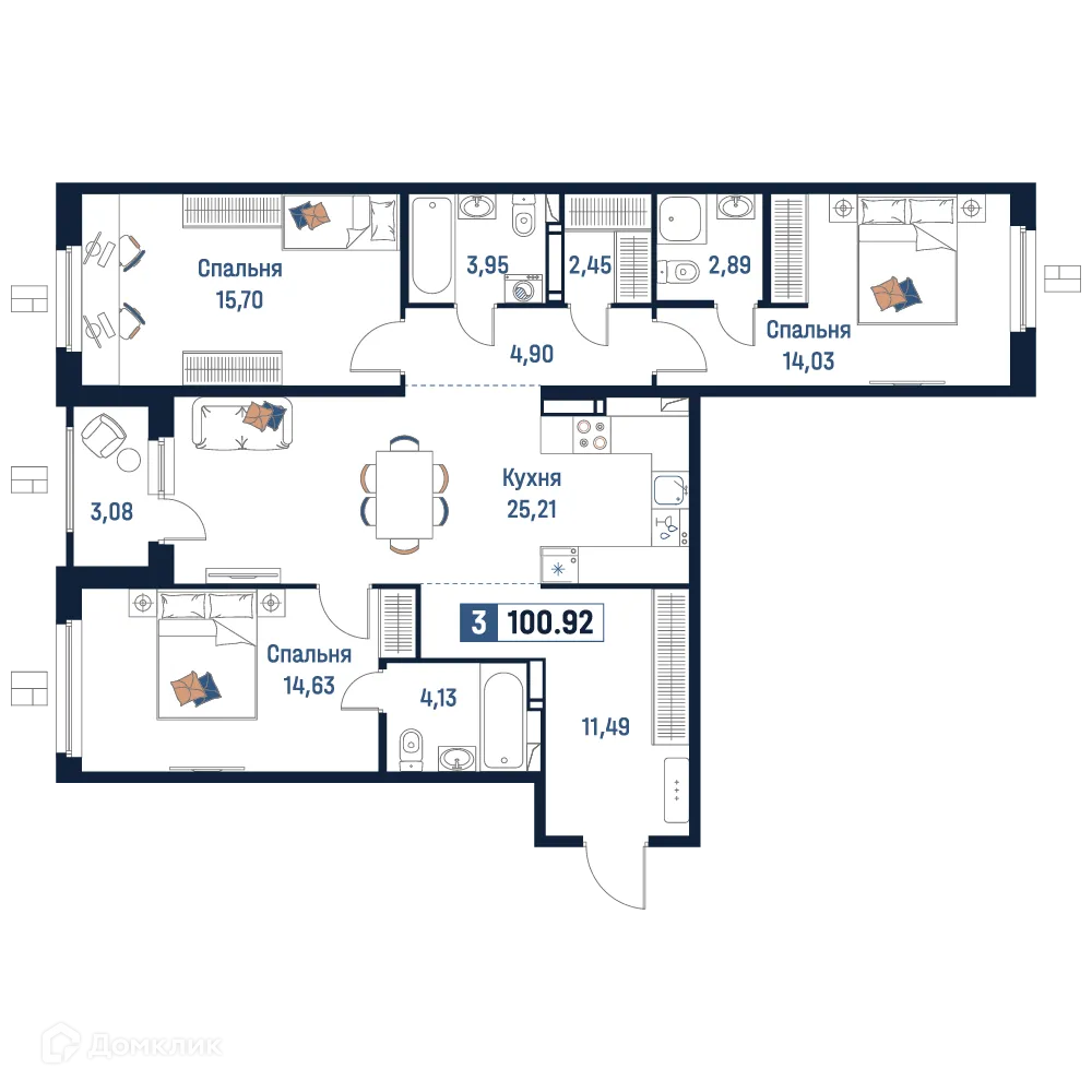 Планировка 3-комнатной квартиры 100.92 м² в ЖК Максималист, г. Мурино — фото 1