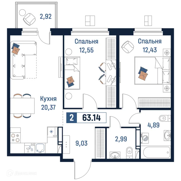 Планировка 2 комн. в ЖК Максималист
