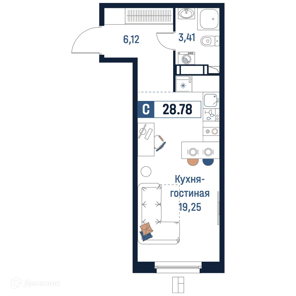 Планировка студии квартиры 28.78 м² в ЖК Максималист, г. Мурино — фото 1