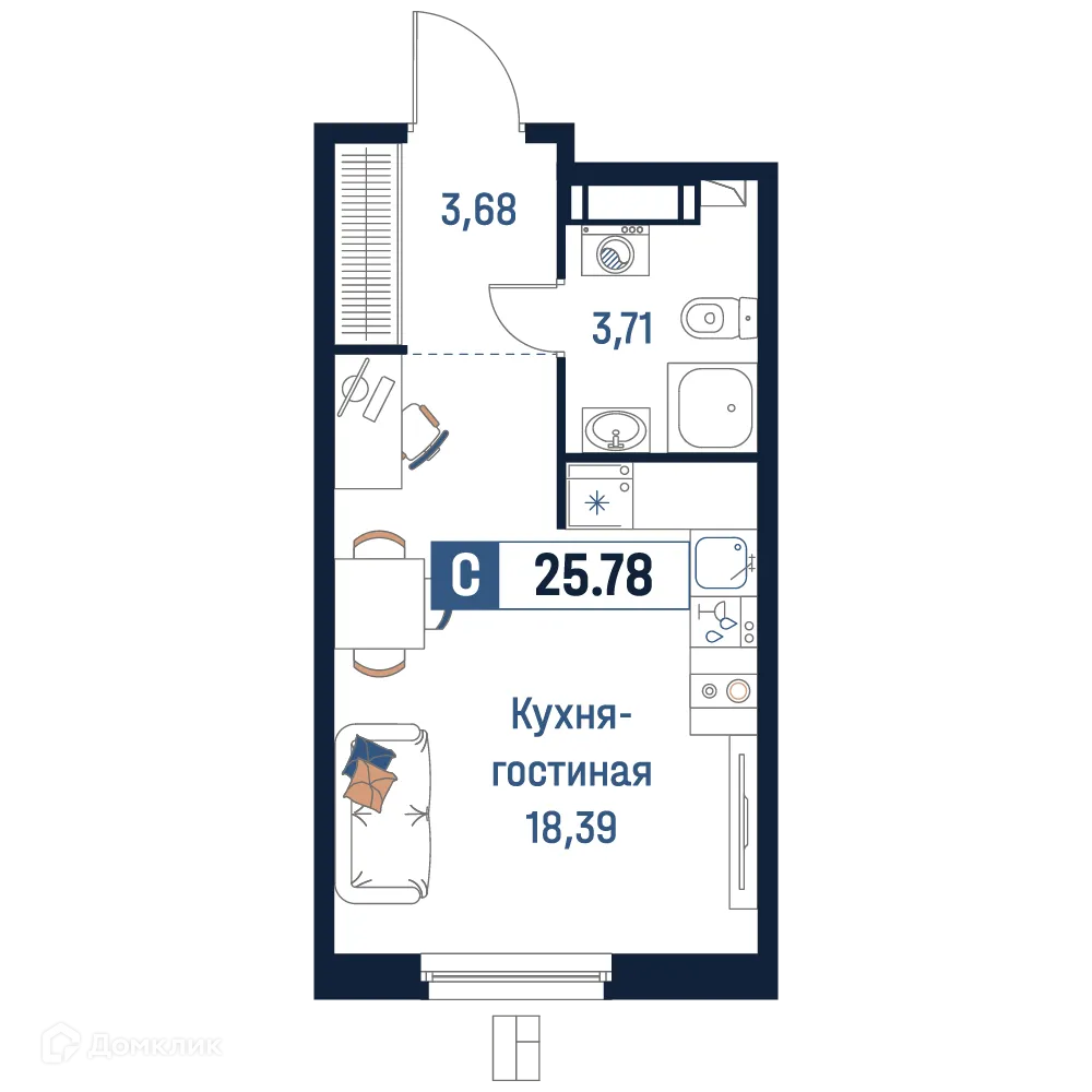 Планировка студии квартиры 25.78 м² в ЖК Максималист, г. Мурино — фото 1