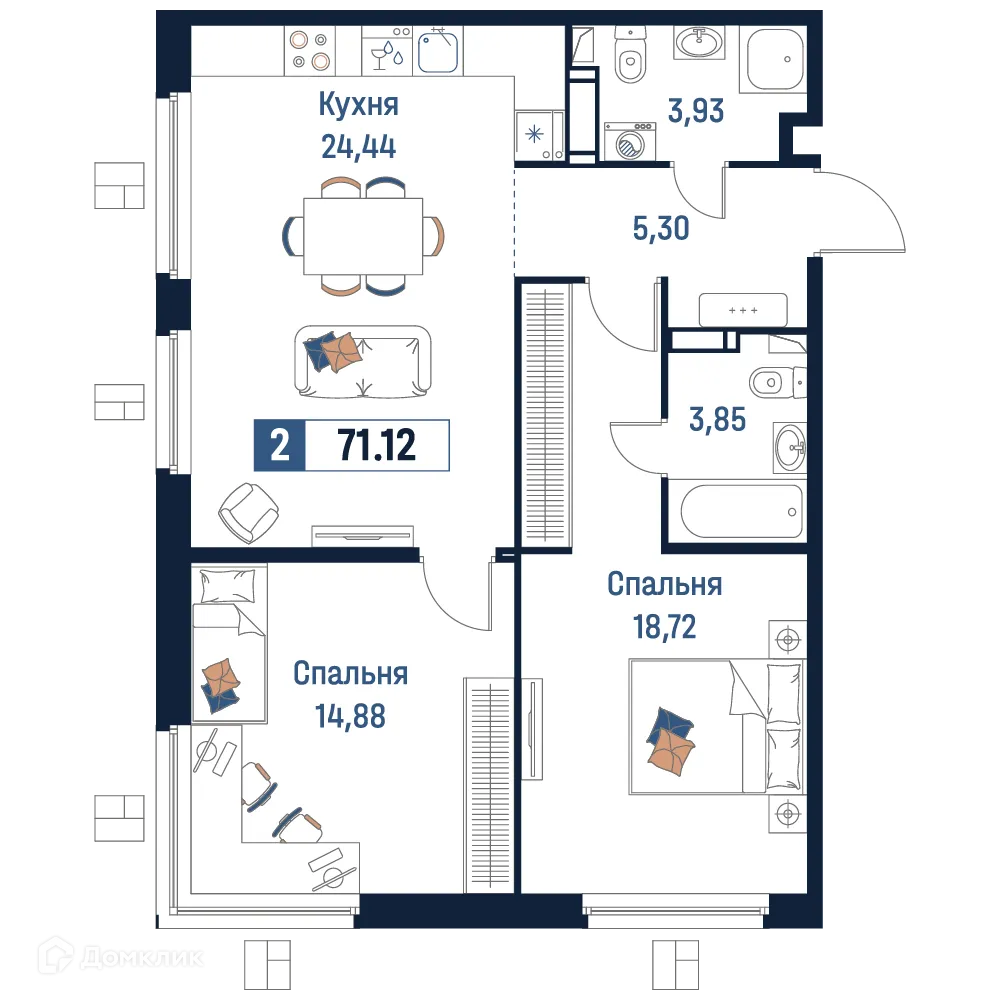 Планировка 2-комнатной квартиры 71.12 м² в ЖК Максималист, г. Мурино — фото 1