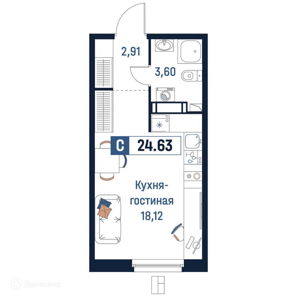 Планировка студии квартиры 24.63 м² в ЖК Максималист, г. Мурино — фото 1