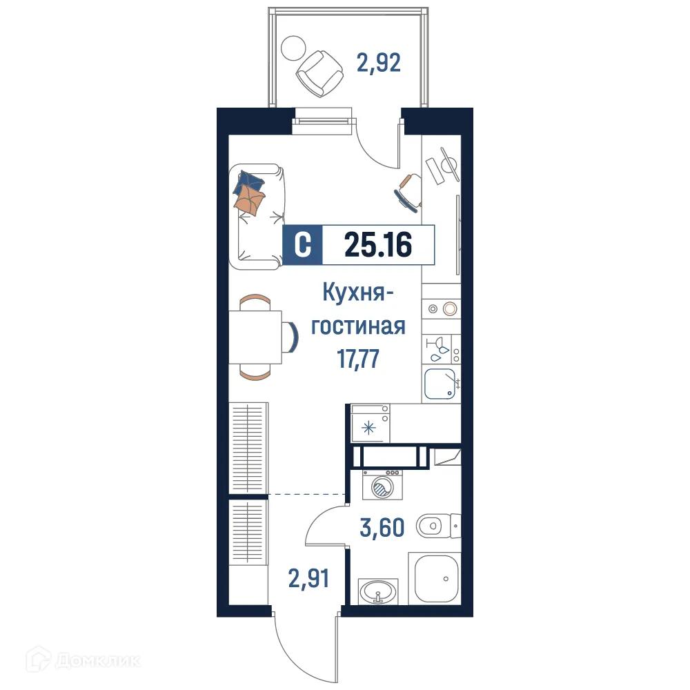 Планировка студии квартиры 25.16 м² в ЖК Максималист, г. Мурино — фото 1