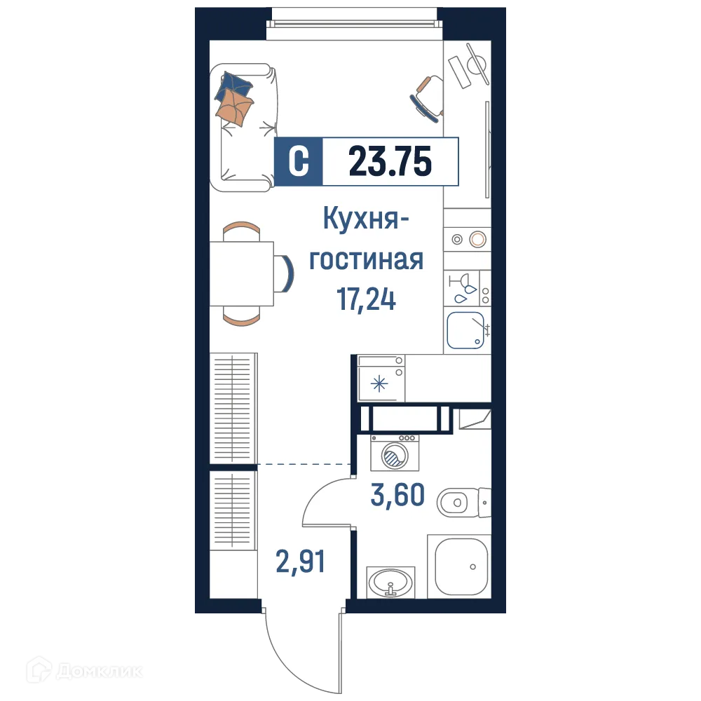 Планировка студии квартиры 23.75 м² в ЖК Максималист, г. Мурино — фото 1