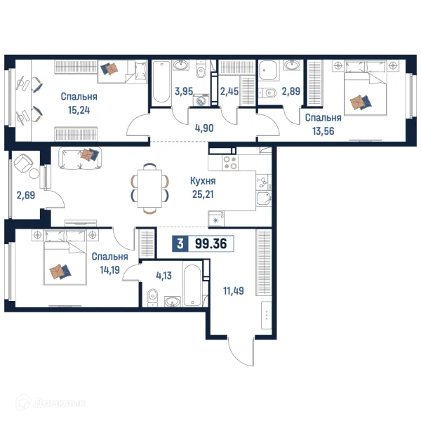 Планировка 3 комн. в ЖК Максималист