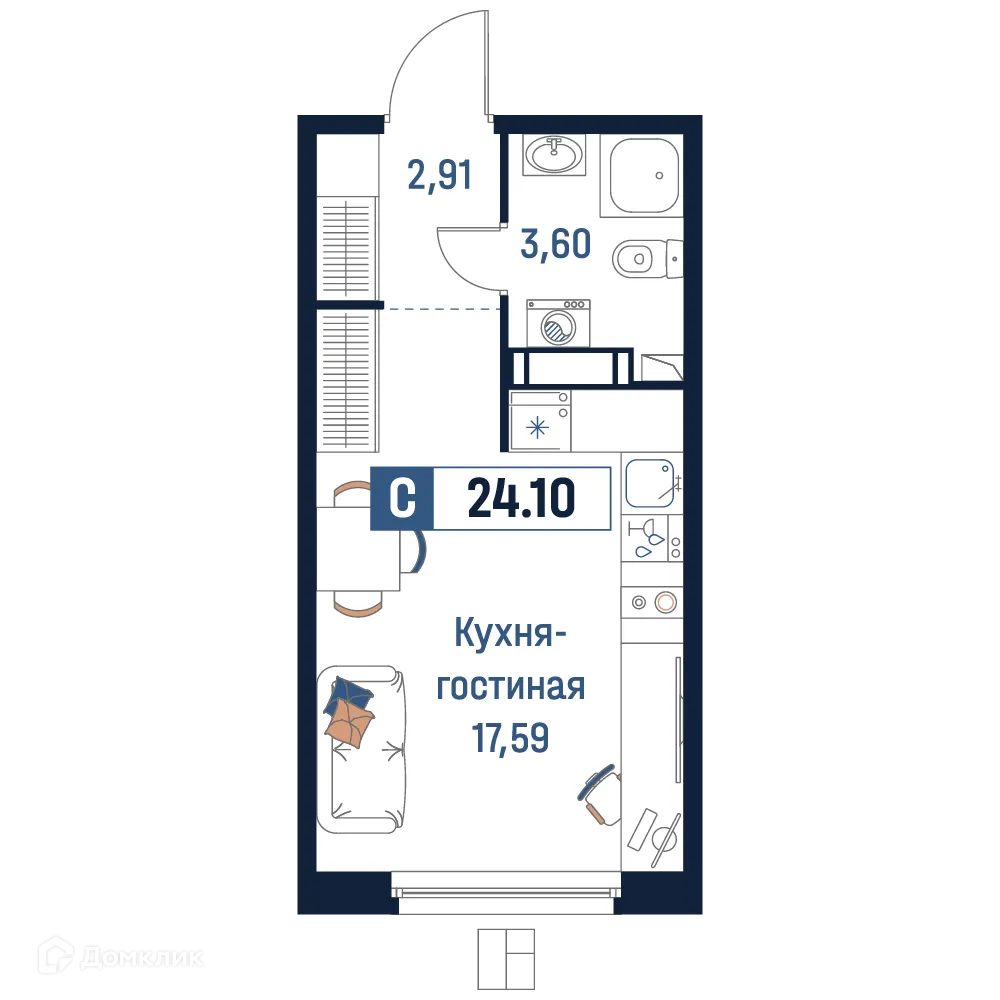 Планировка студии квартиры 24.1 м² в ЖК Максималист, г. Мурино — фото 1