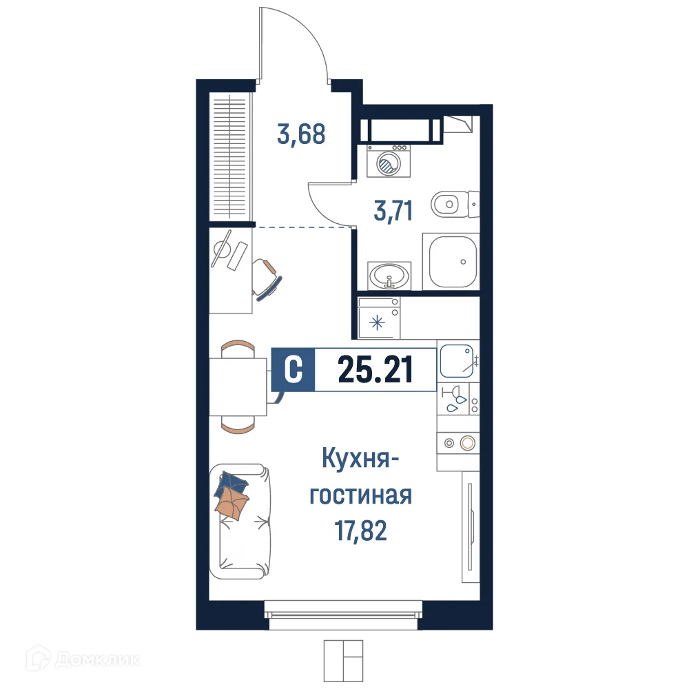 Планировка студии квартиры 25.21 м² в ЖК Максималист, г. Мурино — фото 1