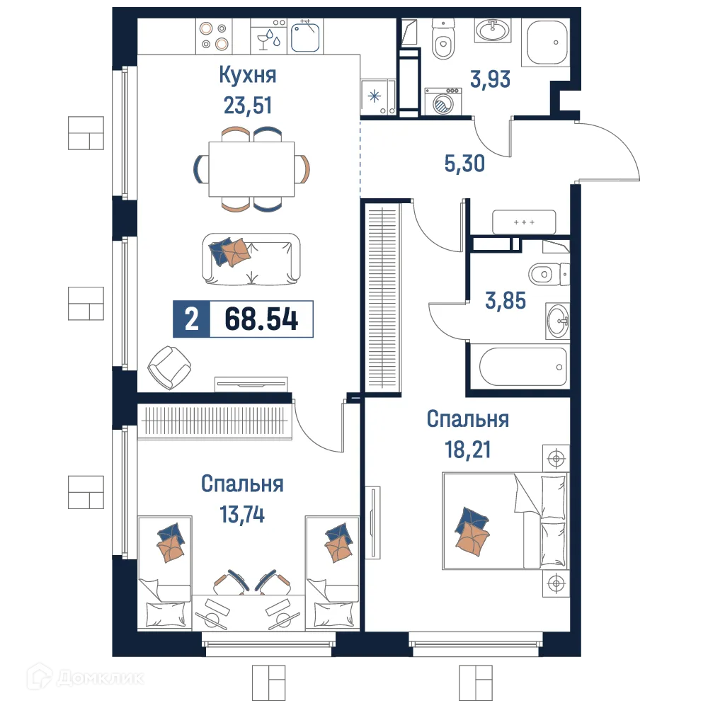 Планировка 2-комнатной квартиры 68.54 м² в ЖК Максималист, г. Мурино — фото 1