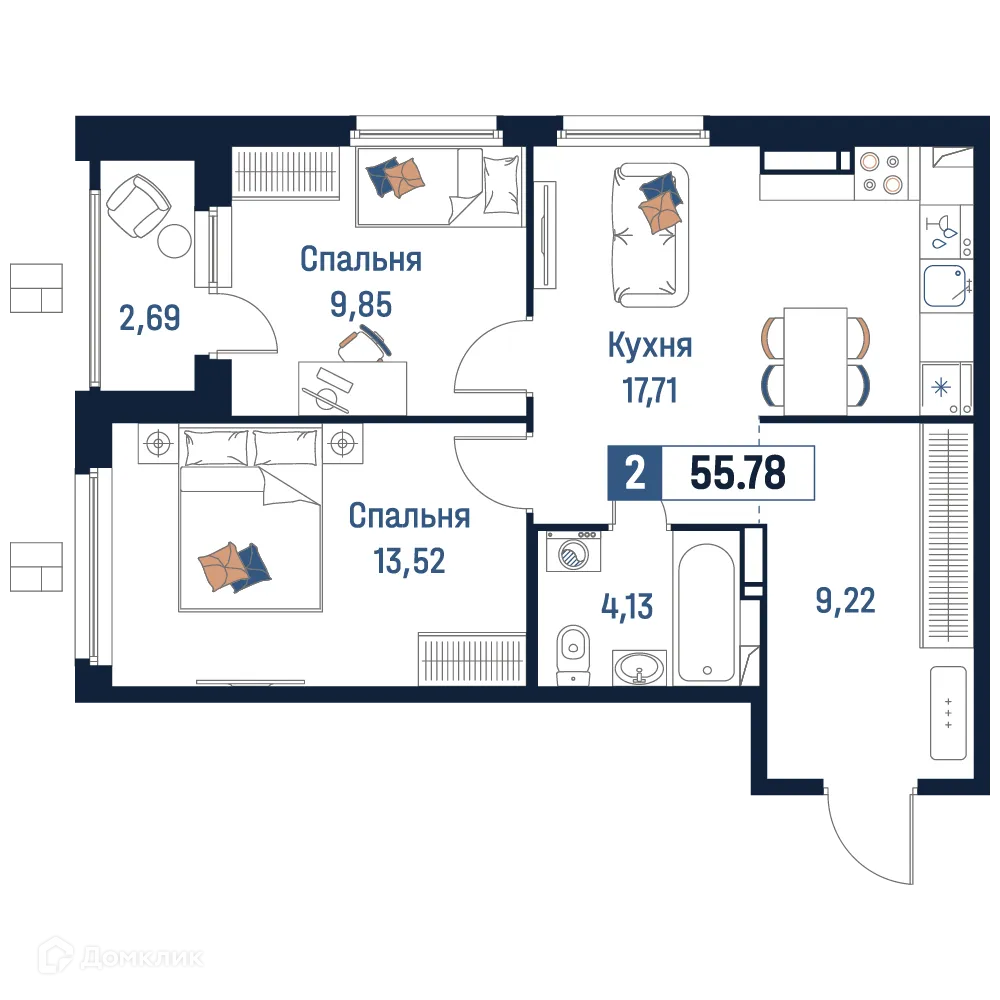 Планировка 2-комнатной квартиры 55.78 м² в ЖК Максималист, г. Мурино — фото 1