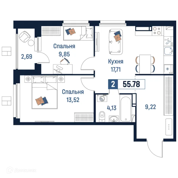 Планировка 2 комн. в ЖК Максималист