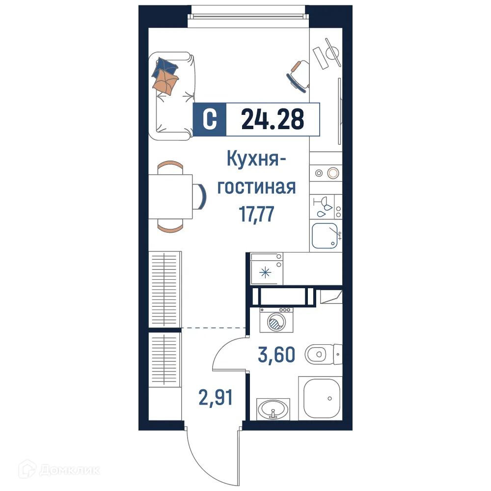 Планировка студии квартиры 24.28 м² в ЖК Максималист, г. Мурино — фото 1