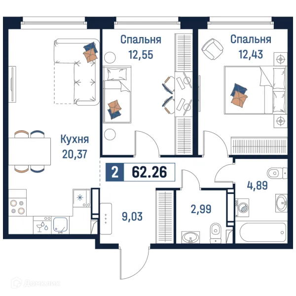 Планировка 2 комн. в ЖК Максималист