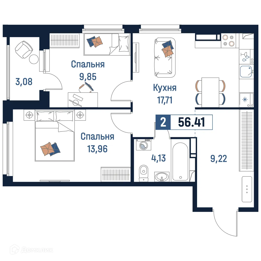 Планировка 2-комнатной квартиры 56.41 м² в ЖК Максималист, г. Мурино — фото 1