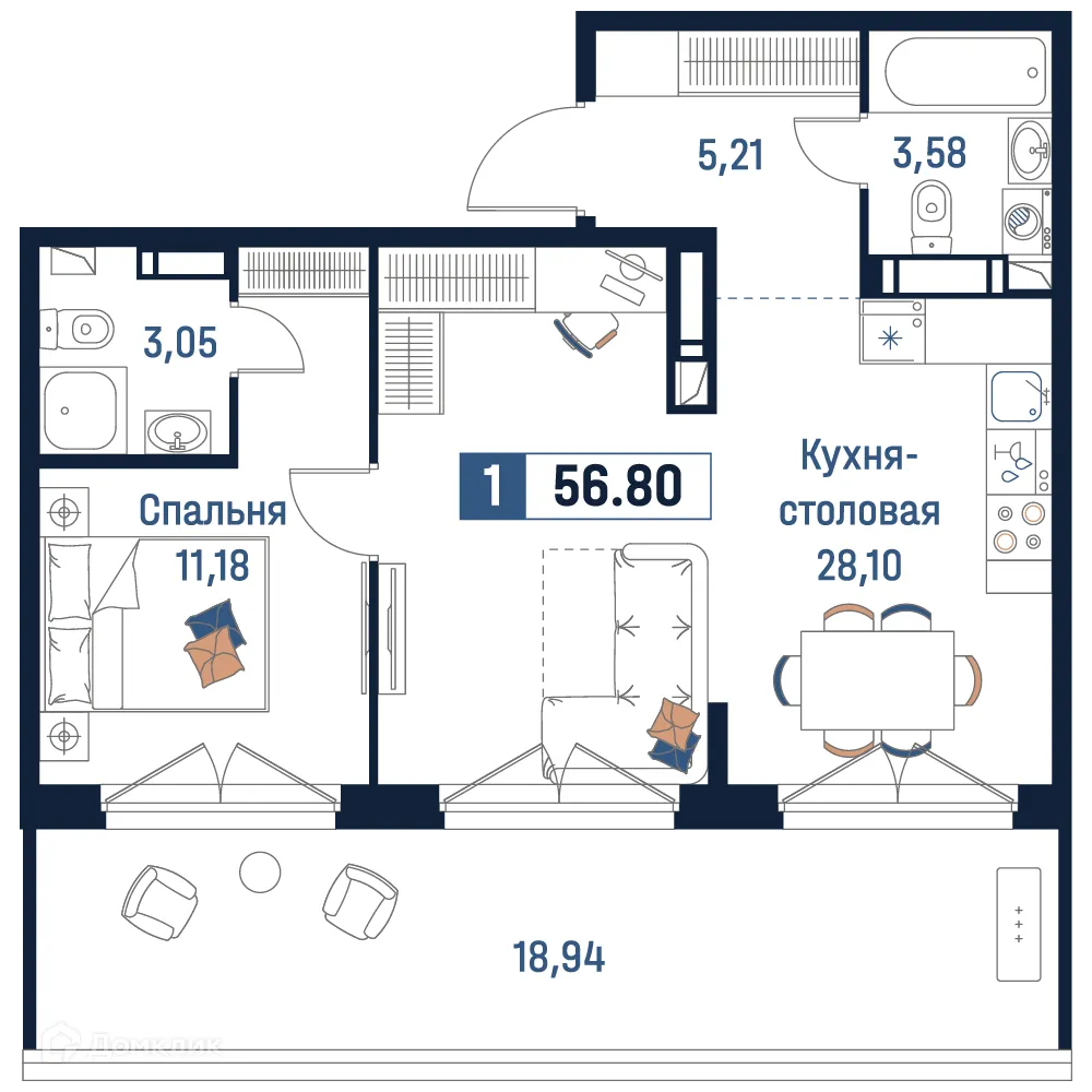 Планировка 1-комнатной квартиры 56.8 м² в ЖК Максималист, г. Мурино — фото 1