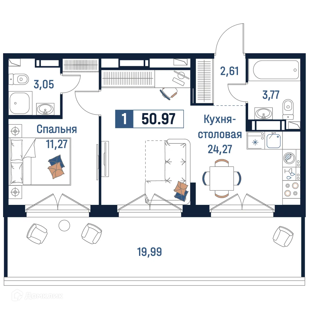 Планировка 1-комнатной квартиры 50.97 м² в ЖК Максималист, г. Мурино — фото 1