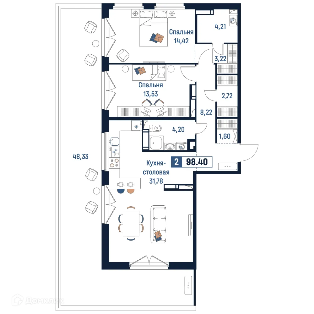 Планировка 2-комнатной квартиры 98.4 м² в ЖК Максималист, г. Мурино — фото 1