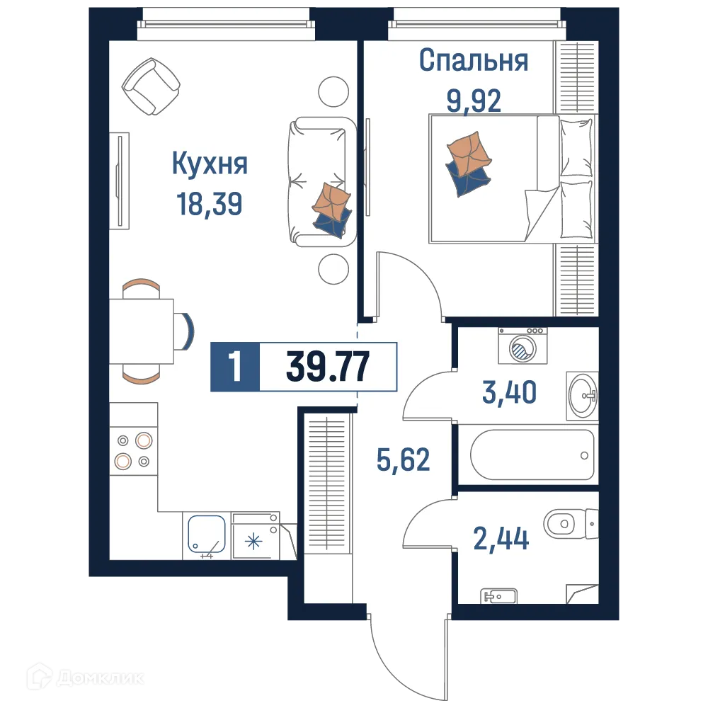 Планировка 1-комнатной квартиры 39.77 м² в ЖК Максималист, г. Мурино — фото 1