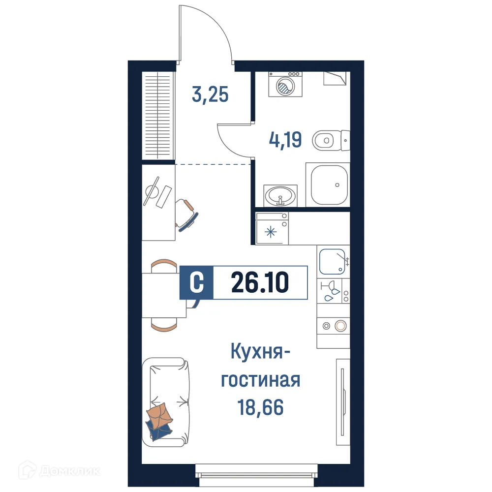 Планировка студии квартиры 26.1 м² в ЖК Максималист, г. Мурино — фото 1