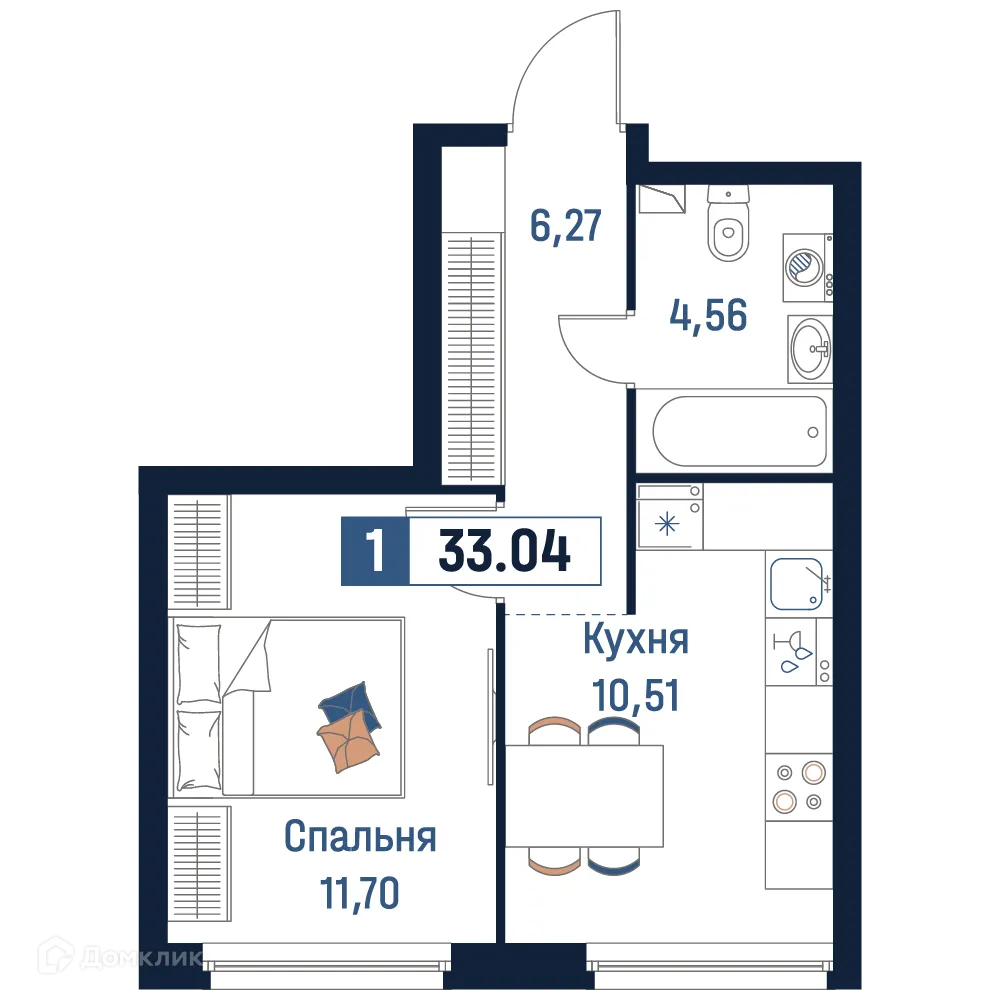 Планировка 1-комнатной квартиры 33.04 м² в ЖК Максималист, г. Мурино — фото 1