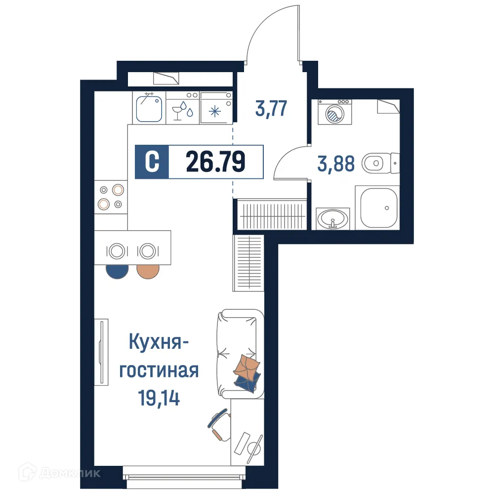 Планировка студии квартиры 26.79 м² в ЖК Максималист, г. Мурино — фото 1