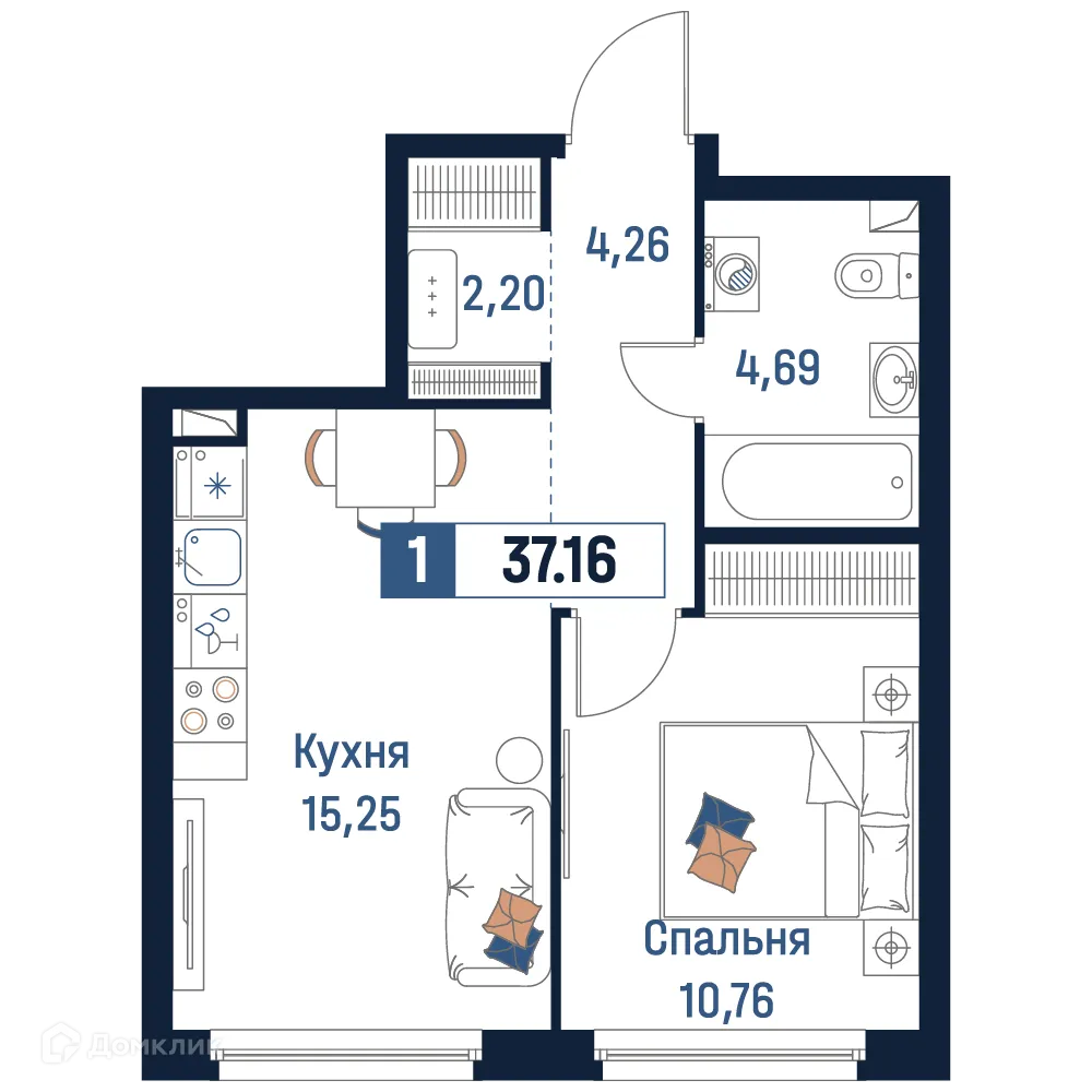 Планировка 1-комнатной квартиры 37.16 м² в ЖК Максималист, г. Мурино — фото 1