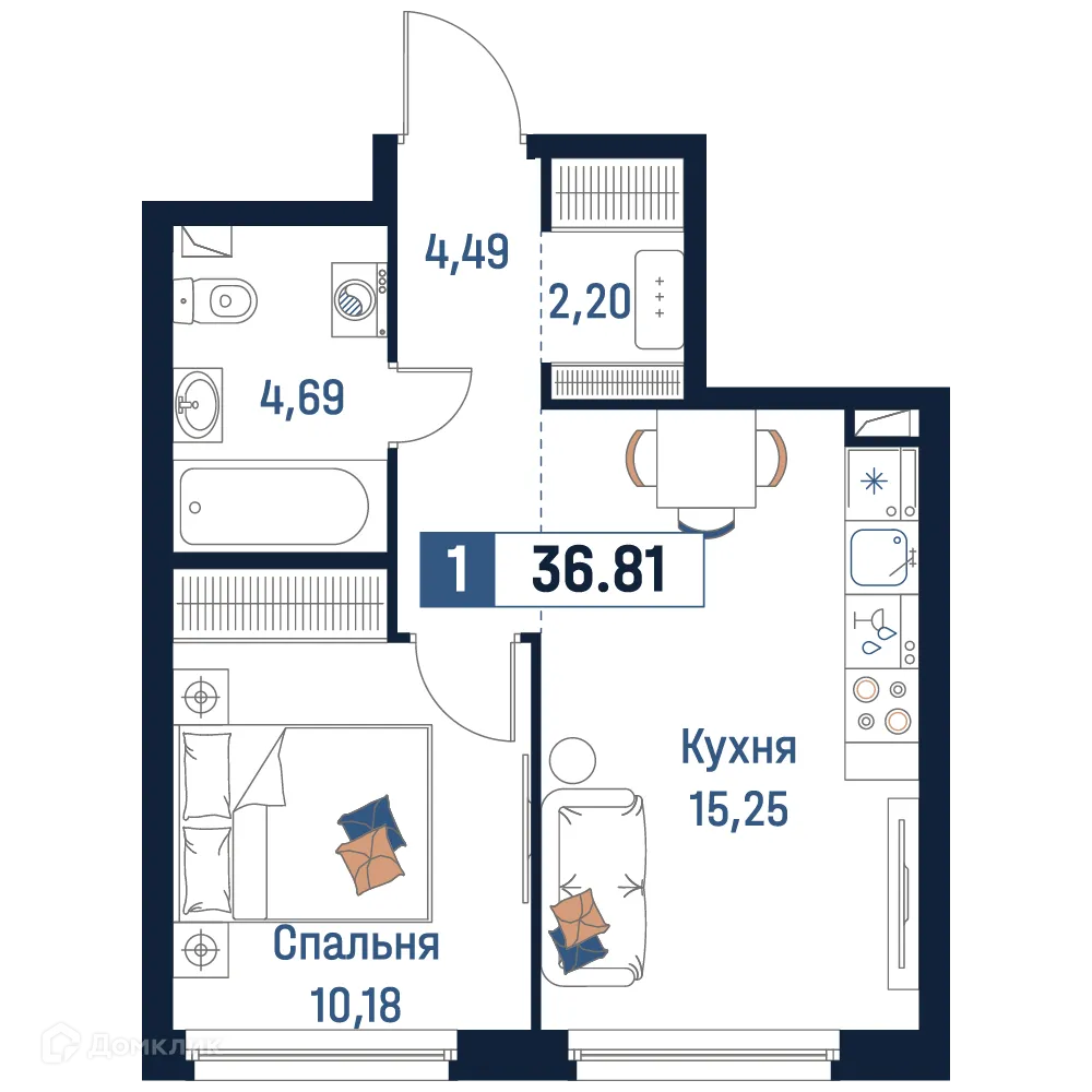 Планировка 1-комнатной квартиры 36.81 м² в ЖК Максималист, г. Мурино — фото 1