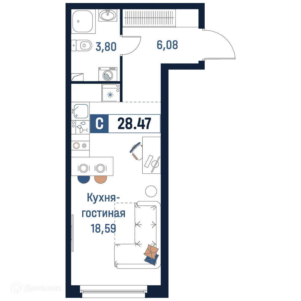 Планировка студии квартиры 28.47 м² в ЖК Максималист, г. Мурино — фото 1
