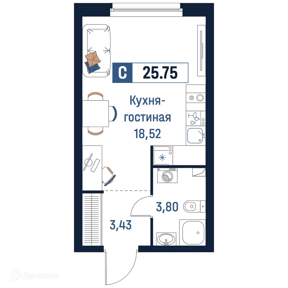 Планировка студии квартиры 25.75 м² в ЖК Максималист, г. Мурино — фото 1