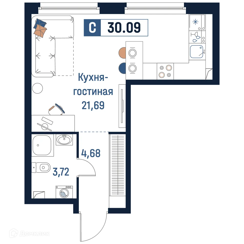 Планировка студии квартиры 30.09 м² в ЖК Максималист, г. Мурино — фото 1