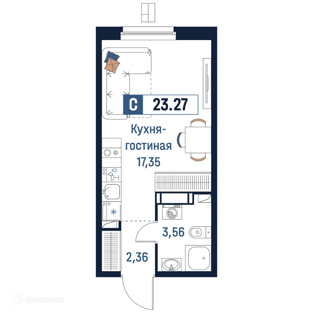 Планировка студии квартиры 23.27 м² в ЖК Максималист, г. Мурино — фото 1