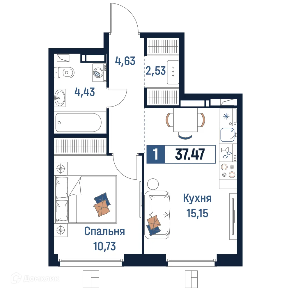 Планировка 1-комнатной квартиры 37.47 м² в ЖК Максималист, г. Мурино — фото 1
